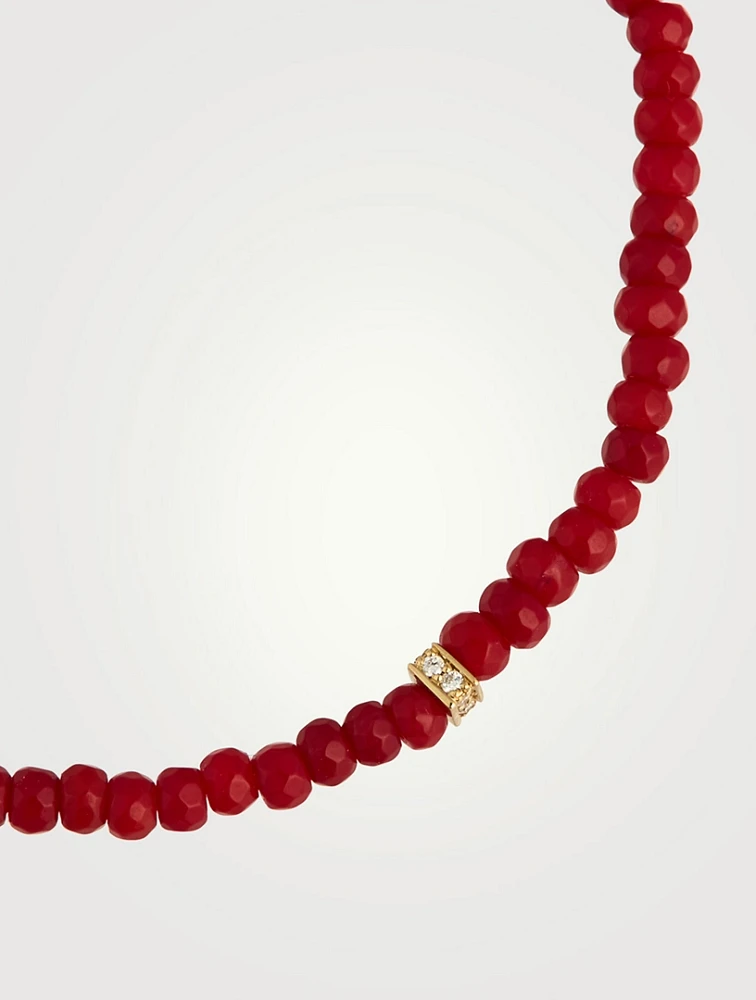 Red Bamboo Coral Beaded Bracelet With Small 14K Gold Pavé Diamond Bead