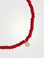 Red Bamboo Coral Beaded Bracelet With Small 14K Gold Pavé Diamond Bead