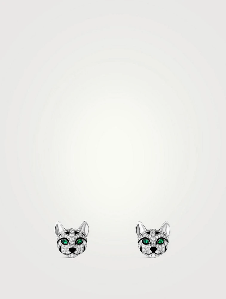 Fuzzy The Leopard Cat White Gold Stud Earrings With Emerald And Diamonds