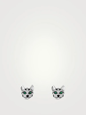Fuzzy The Leopard Cat White Gold Stud Earrings With Emerald And Diamonds