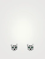 Fuzzy The Leopard Cat White Gold Stud Earrings With Emerald And Diamonds