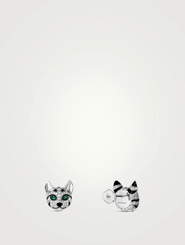 Fuzzy The Leopard Cat White Gold Stud Earrings With Emerald And Diamonds