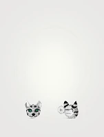 Fuzzy The Leopard Cat White Gold Stud Earrings With Emerald And Diamonds