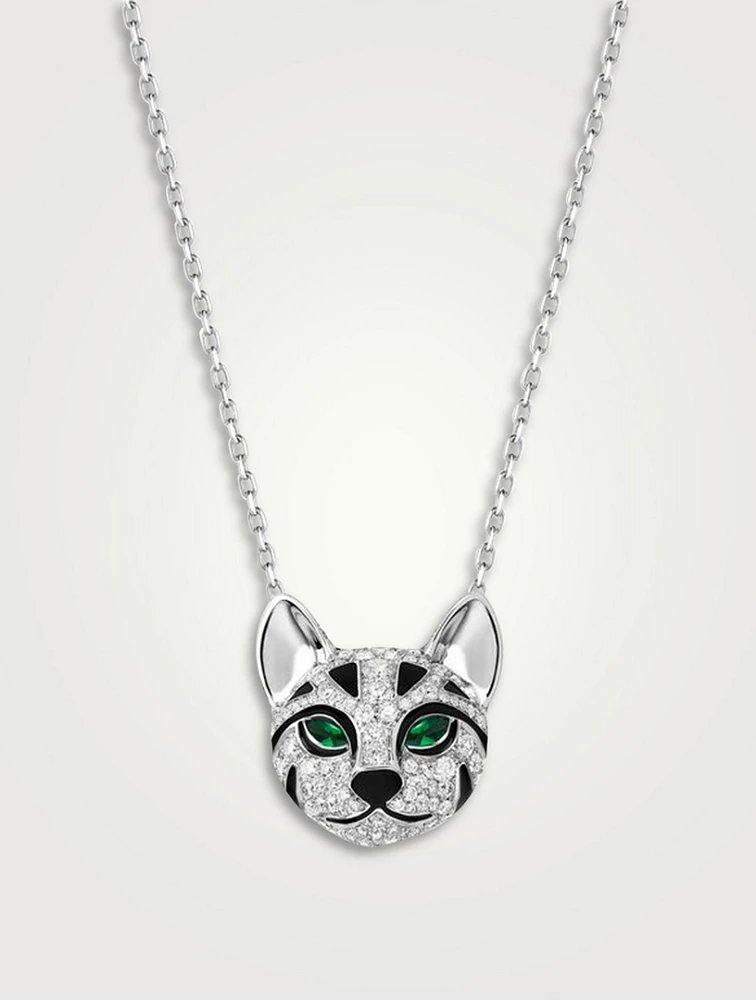 Fuzzy The Leopard Cat White Gold Pendant Necklace With Diamonds