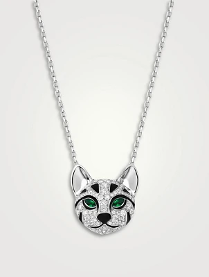 Fuzzy The Leopard Cat White Gold Pendant Necklace With Diamonds