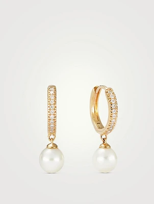 14K Gold Pavé Diamond Pearl Huggie Hoop Earrings