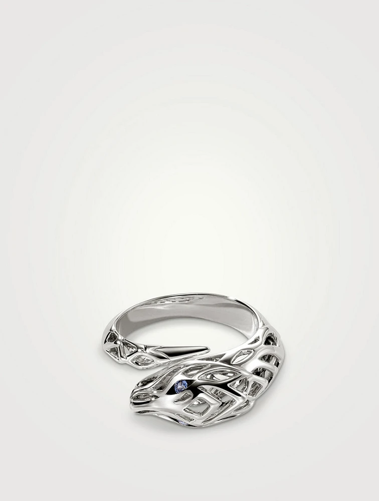 Naga Silver Bypass Ring With Blue Sapphire Eyes