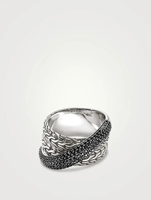 JH Essentials Silver 12.5mm Crossover Ring With Treated Black Sapphire