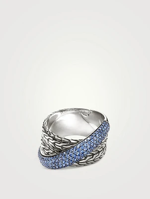 JH Essentials Silver 12.5mm Crossover Ring With Blue Sapphire