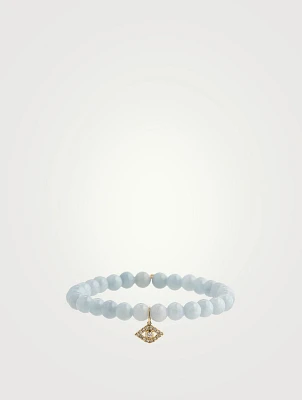Aquamarine Beaded Bracelet With 14K Gold Large Bezel Diamond Evil Eye Charm
