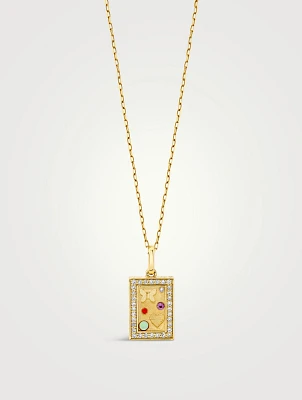 14K Gold Iconography Rectangle Charm Necklace With Diamonds