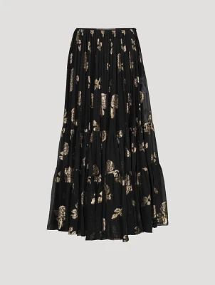 Metallic Roses Silk Mousseline Midi Skirt