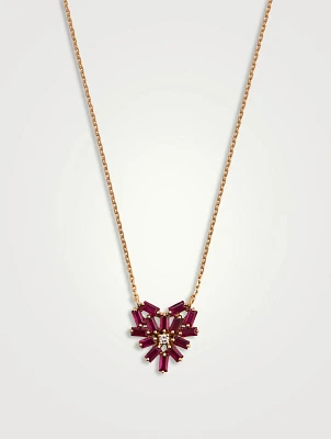14K Rose Gold Bold Small Ruby Heart Pendant Necklace With Diamonds