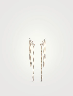 Trend 18K Gold Pearl And Diamond Feather Chain Earrings