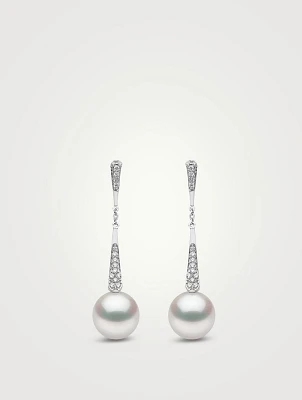 Trend 18K White Gold Pearl And Diamond Motif Drop Earrings