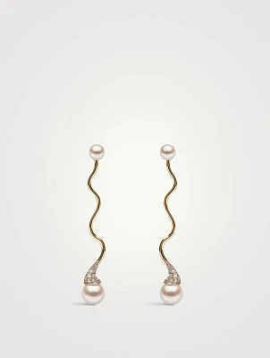 Sleek 18K Gold Akoya Pearl And Diamond Wave Earrings