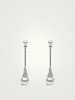 Sleek 18K Gold Akoya Pearl And Diamond Earrings