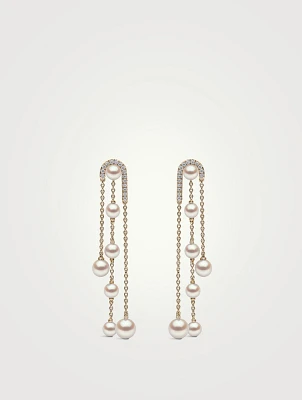 Sleek 18K Gold Pearl And Diamond Chain Earrings