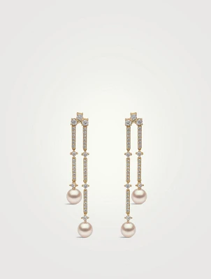 Sleek 18K Gold Akoya Pearl And Diamond Drop Earrings