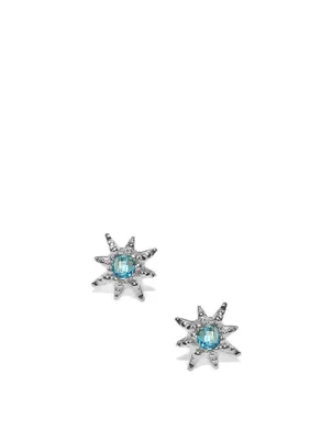 Micro Aztec Sterling Silver Starburst Stud Earrings With Swiss Blue Topaz