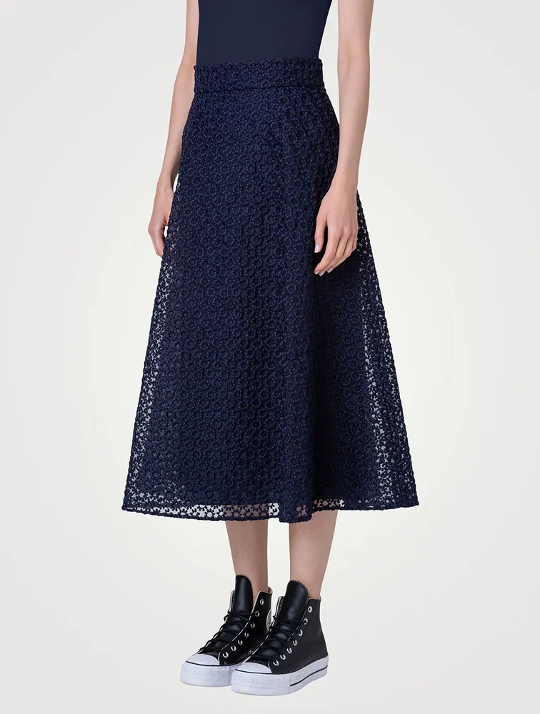 Floral-Embroidered Organza Midi Skirt