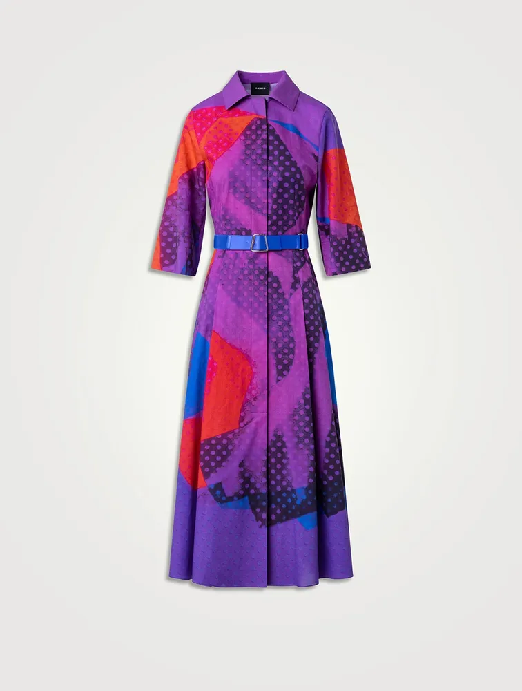 Belted Silk Voile Shirt Dress Superimposition Print