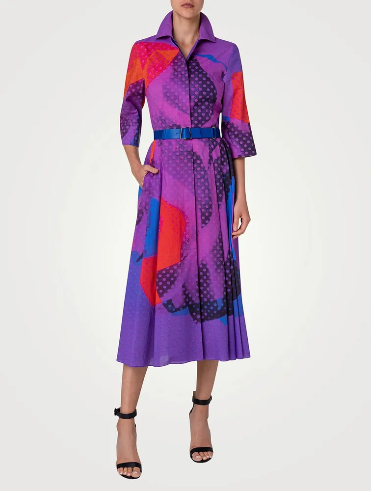 Belted Silk Voile Shirt Dress Superimposition Print