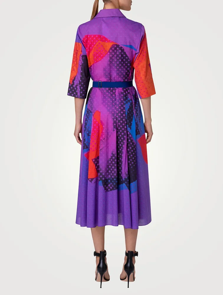 Belted Silk Voile Shirt Dress Superimposition Print