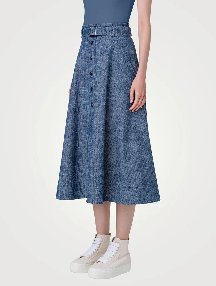 Belted Denim Midi Skirt