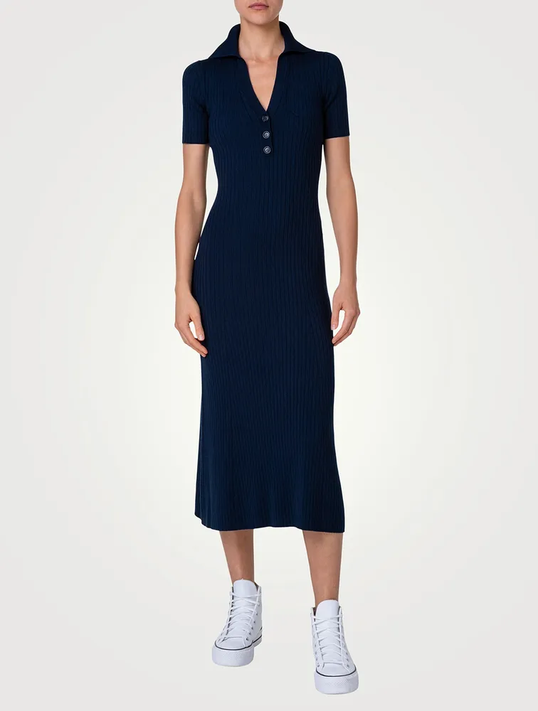 Rib-Knit Polo Midi Dress