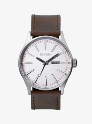 Nixon Sentry Leather Silver Brown Watch