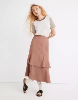 Linen-Blend Ruffle Tiered Midi Skirt
