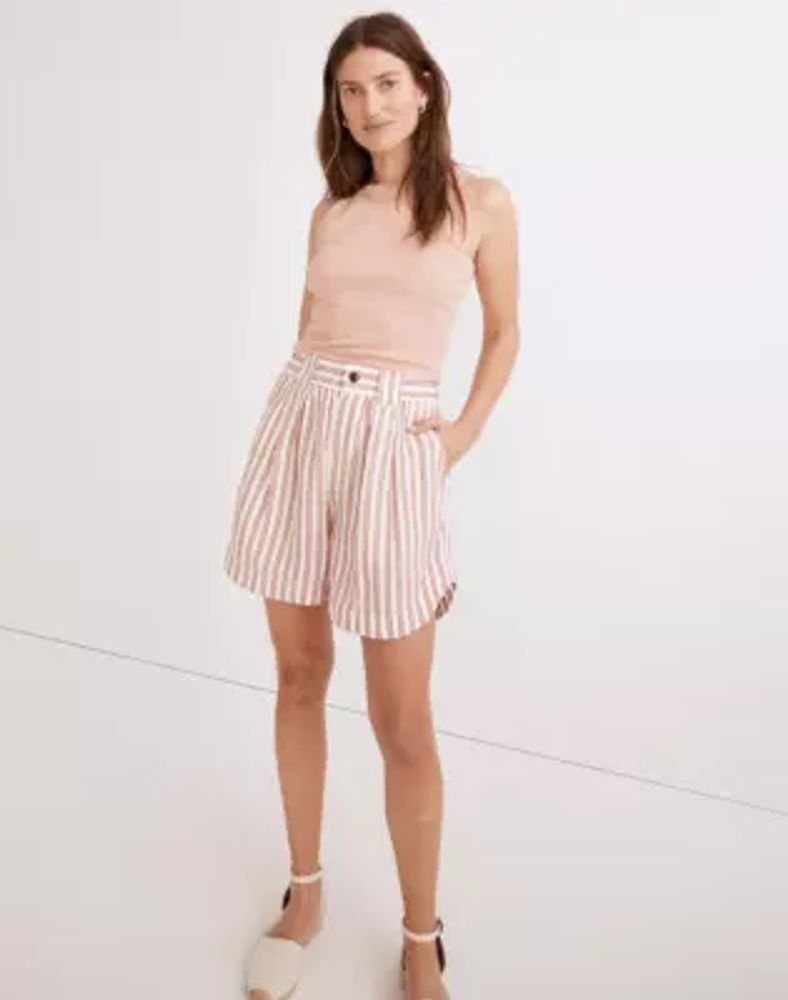 Linen-Blend Curved-Hem Shorts Stripe