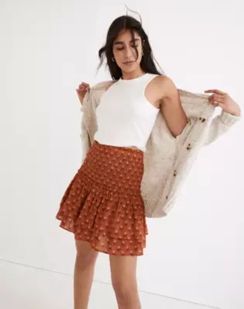 Smocked Pull-On Tiered Mini Skirt in Wild Calendula Block-Print