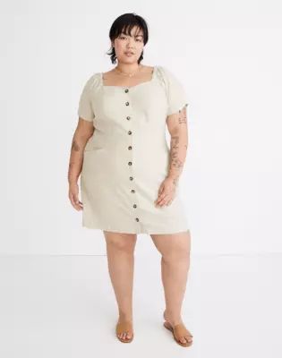 Plus Linen-Cotton Puff-Sleeve Mini Dress