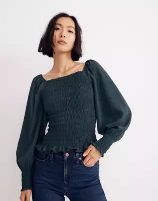 Lucie Bubble-Sleeve Smocked Top