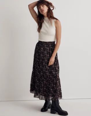 Crinkle Georgette Tiered Maxi Skirt Blurred Blooms