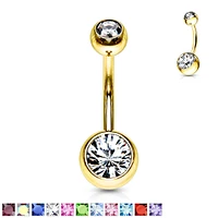 Gold PVD Double Crystal Navel Barbell 14g