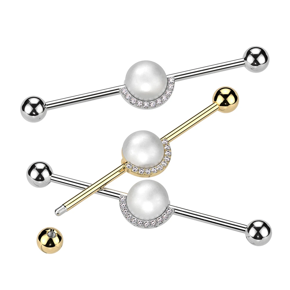 PREMIUM Pearl + Channel-Set Crystals Industrial Barbell 14g