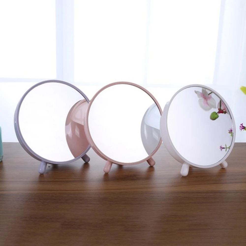 Round Storage Makeup Mirror – Durable Pink Desk Mirror with Back Storage