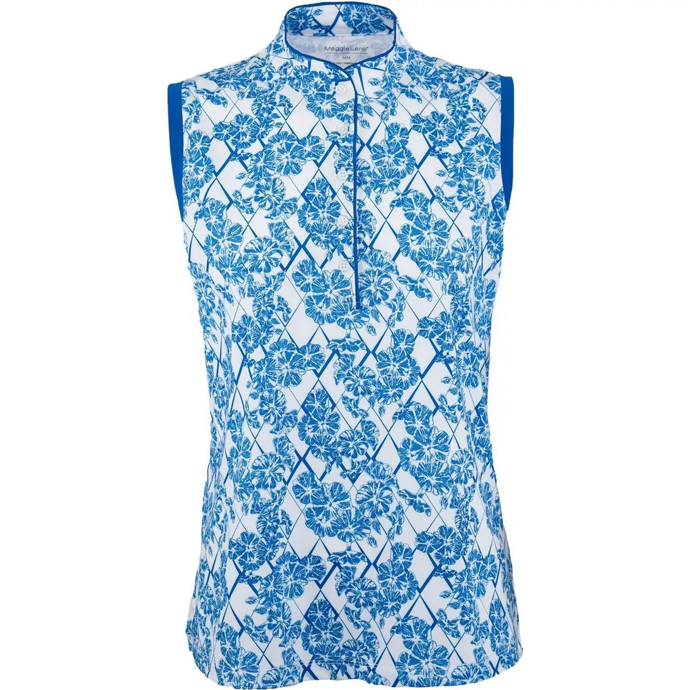 Womens Sleeveless Floral Print Snap Placket Polo