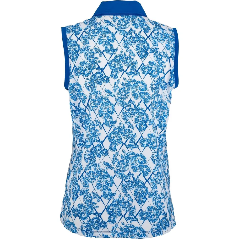 Womens Sleeveless Floral Print Centre Placket Polo