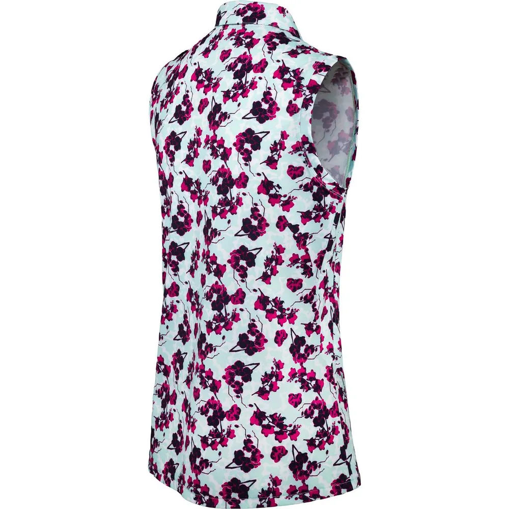 Women's Printed Blossom Curved Hem Sleeveless Polo