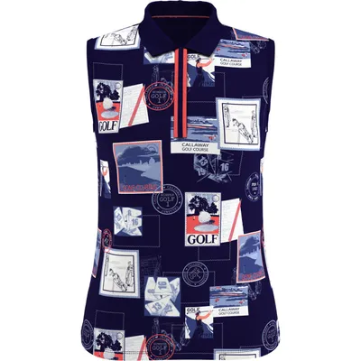 Women's Postcard Printed Zip Sleeveless Polo