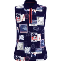 Women's Postcard Printed Zip Sleeveless Polo