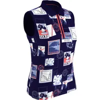 Women's Postcard Printed Zip Sleeveless Polo