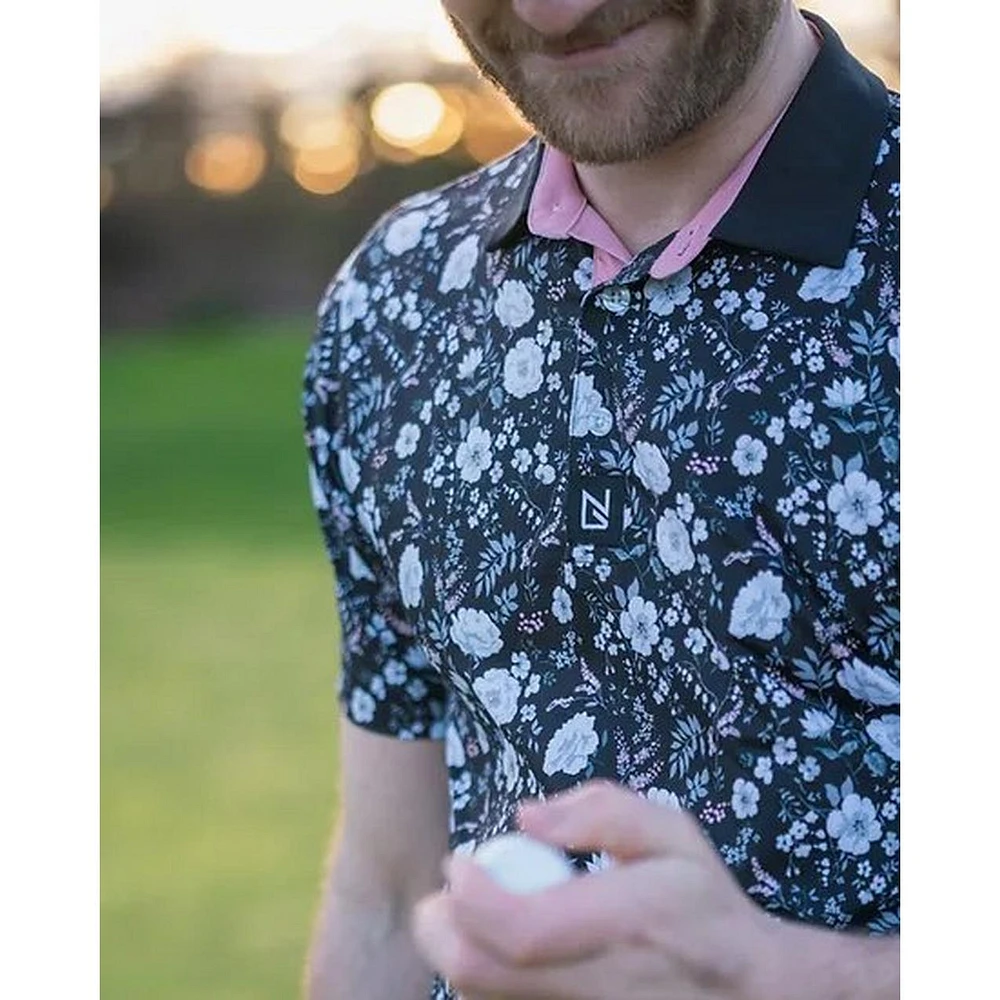 Men's Black Floral Short Sleeve Polo