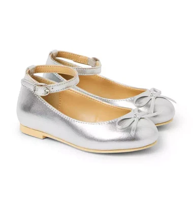 Metallic Ankle Strap Bow Ballet Flat