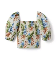 Tropical Floral Smocked Cropped Puff Sleeve Top