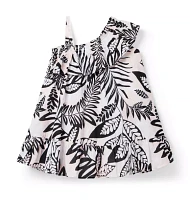 Tropical Leaves Ruffle Shoulder Sundress